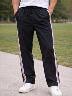 Jonsson, size M, Men's Black Track Pants w/ colorful Striped Detail, drawstring